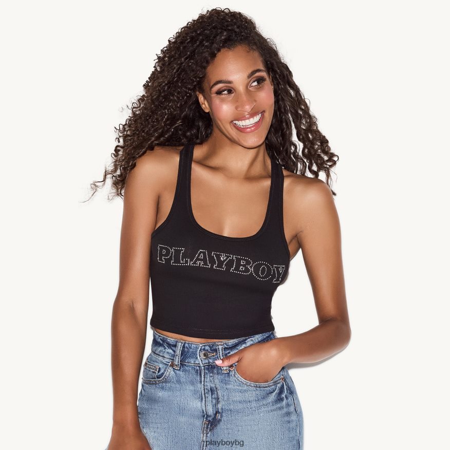 облекло бг Playboy Жени резервоар с гръб за мачта от кристали черен JZ04JB979