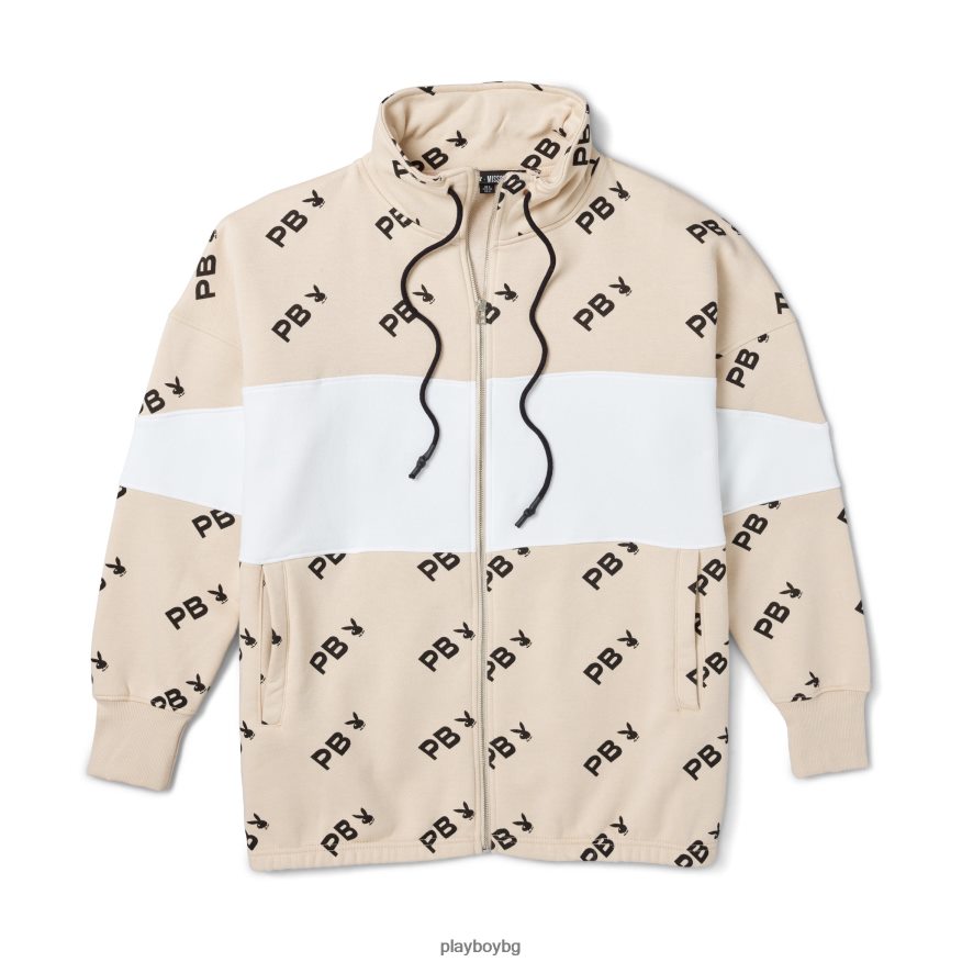 облекло бг Playboy Жени суитшърт с цип с цветен блок и цял принт камък JZ04JB1127