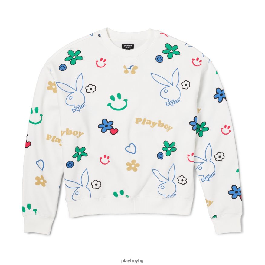 облекло бг Playboy Жени суичър с кръгла яка с каракули звезда бяла JZ04JB1154