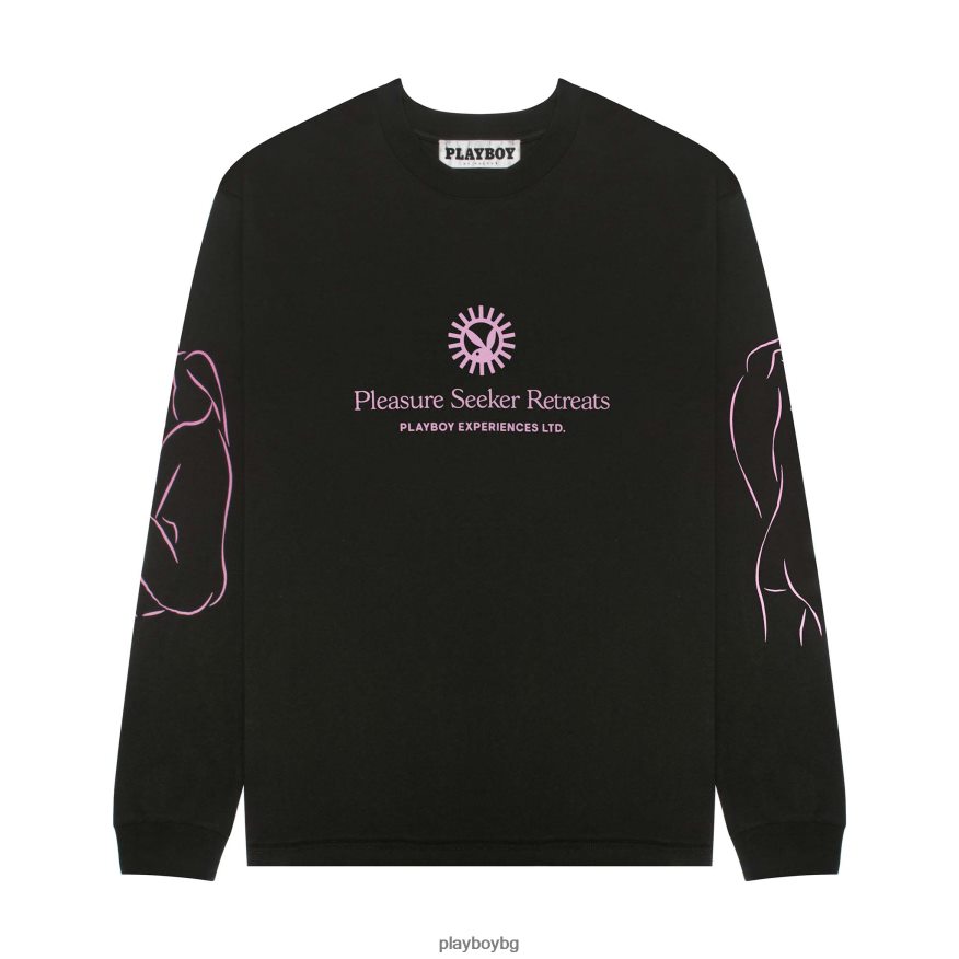облекло бг Playboy мъже тениска с дълъг ръкав търсач на удоволствие черен JZ04JB272